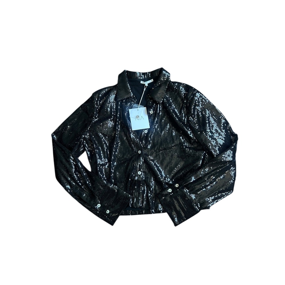 NIA Black Sequin Button Up Shirt Long Sleeve Collared Blouse Womens‎ Medium